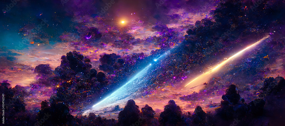 Poster abstract background of outer space with ultra bright stars and comets on the theme of explosions and life in space