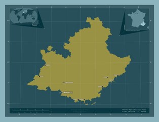 Provence-Alpes-Cote d'Azur, France. Solid. Labelled points of cities