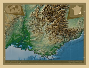 Provence-Alpes-Cote d'Azur, France. Physical. Labelled points of cities