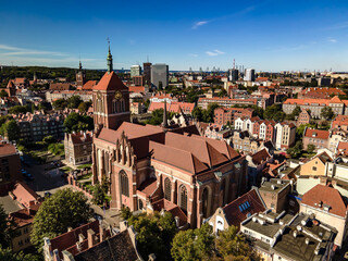 View from the drone on the old town of Gdansk on the Motlawa River on a sunny day.