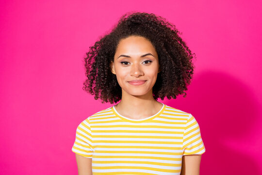 Potrait photo of young positive attractive girl wear striped yellow t-shirt confident smile look you isolated on pink color background