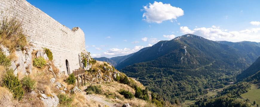 Panoramic view of the ruines of Montsegur castle near Ariege in French Pyrenees, South France