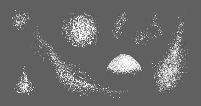 Scatters of white salt or sugar crystals realistic set. Scattered chalk. Culinary spices, sea salt or powdered sugar. Vector.