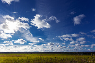 Landscape with direct sunshines, grass, clouds and blue sky