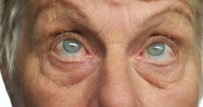 Senior woman face, glasses and eyes for vision, looking around and focus eye care. Zoom macro portrait of elderly grandma, retirement and medical eye care, optometry clinic test and human eyesight