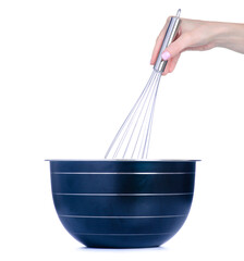 Kitchen corolla whisk with bowl in hand on white background isolation