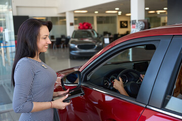 Pretty consultant chatting with client testing car interior