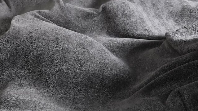 Black creased towel flowing a turbulence field. 4K CGI cloth simulation.