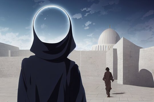 anime style, Photo of native man in long coat walking away to building made of stone and marble in Ashgabat in Turkmenistan , Anime style