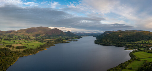 Obraz premium aerial view of Bassenthwaite Lake in the English Lake District in warm eveing light