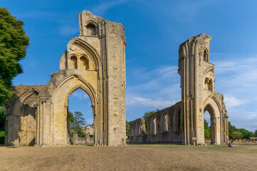 Fototapeta na wymiar view of the ruins of the Crossing and Choir Walls at the Glastonbury Abbey