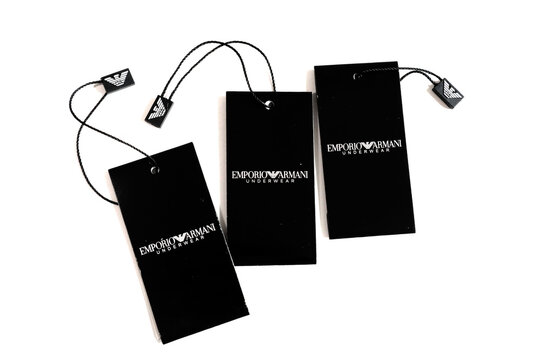 Tags of EMPORIO ARMANI underwear. EMPORIO ARMANI is an Italian luxury fashion house brand of GIORGIO ARMANI S.p.A. - Italy 
