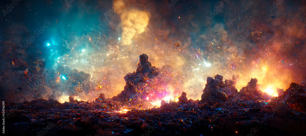 Poster abstract illustration of the cosmos on the theme of the origin of life in the universe with stars, c