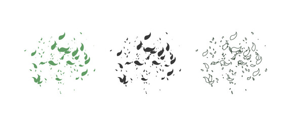 Splattered leaves in three different styles design assets, leaves splatter, leaves silhouette, leaves element. Perfect for design asset, design element, decoration, custom brush.