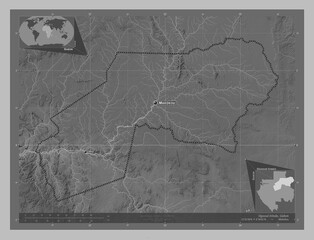 Ogooue-Ivindo, Gabon. Grayscale. Labelled points of cities