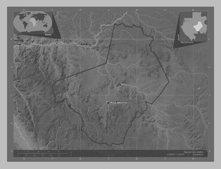 Ogooue-Lolo, Gabon. Grayscale. Labelled points of cities