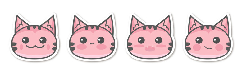Vector set cute cat face flat hand-drawn style. flat design style minimal vector illustration. Cartoon set cat sticker trendy and modern. Pink cute cat. Cat smile emotions set 	
