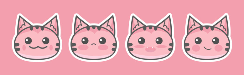 Vector set cute cat face flat hand-drawn style. flat design style minimal vector illustration. Cartoon set cat sticker trendy and modern. Pink cute cat. Cat smile emotions set