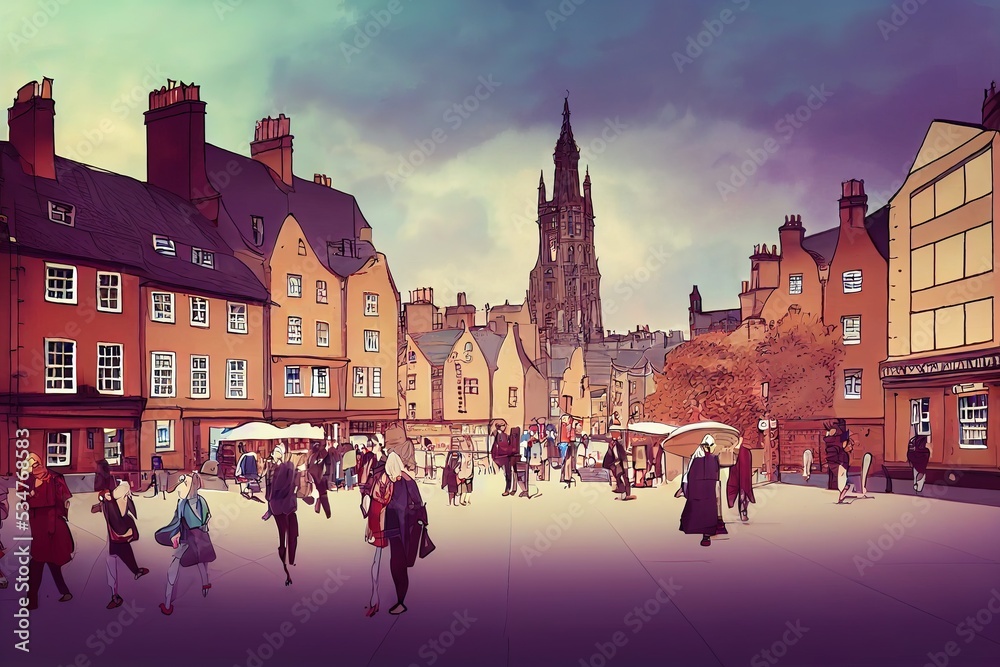 Sticker cartoon drawing Tourists walking around the capital city This is a famous landmark Edinurgh city centre scotland Uk th 2 , Anime style no watermark