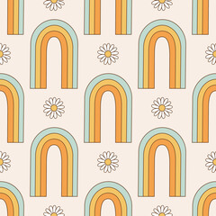 Seamless pattern retro 70s hippie. Minimalistic background with colorful flower and rainbow in vintage style. Illustration with positive symbols for wallpaper, fabric, textiles. Vector - 534768720