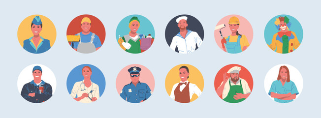 Set of portraits of people of different professions in round icons. Faces of male and female characters for social networks and web profiles. Cartoon vector illustration, isolated