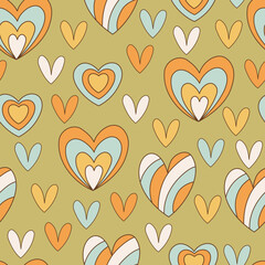 Seamless pattern retro 70s hippie. Psychedelic groove elements. Background with colorful heart in vintage style. Illustration with positive symbols for wallpaper, fabric, textiles. Vector - 534768758