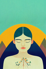 Hand-drawn digital illustration of a woman doing yoga meditation, a calm healing atmosphere, can be used for banner backgrounds, or healthy sports marketing campaign.
