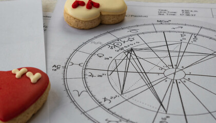Printed astrology chart with Venus planet; red and yellow  heart shaped cookies in the background,...