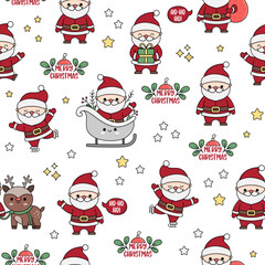 Vector seamless pattern with kawaii Santa Claus. Cute repeat background with Santas, present, sack, sleigh. Father Frost digital paper. Christmas, winter, New Year holiday wallpapers.