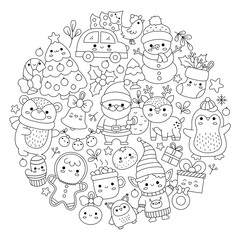 Vector Christmas round line coloring page for kids with cute kawaii characters. Black and white winter or New Year holiday illustration with funny Santa Claus, deer, elf, bear, tree framed in circle.