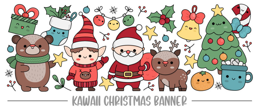 Christmas horizontal banner with cute kawaii characters for kids. Vector Santa Claus standing with deer, elf, bear, tree, present. Cute New Year illustration. Funny winter holiday party set for kids.