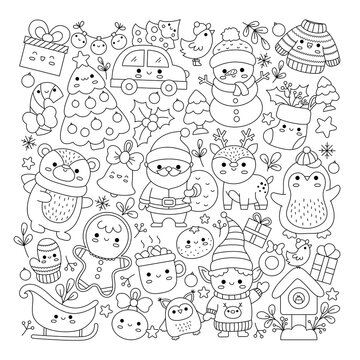 Vector Christmas square line coloring page for kids with cute kawaii characters. Black and white winter or New Year holiday illustration with funny Santa Claus, deer, elf, bear, tree.