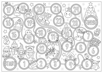Christmas black and white board game for children with Santa Claus and cute kawaii tree. Winter holiday party boardgame with snowman, elf. New Year printable roll a dice coloring page.