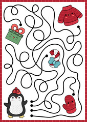 Christmas maze for kids. Winter holiday preschool printable activity with cute kawaii penguin, sweater, mitten, present, candy cane. New Year labyrinth game or puzzle with cute characters.
