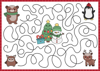 Christmas maze for kids. Winter holiday preschool printable activity with cute kawaii deer, penguin, bear, owl, fir tree, snowman. New Year labyrinth game or puzzle with cute characters.
