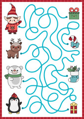 Christmas maze for kids. Winter holiday preschool printable activity with cute kawaii elf, bear, deer, penguin and presents. New Year labyrinth game or puzzle with cute characters.