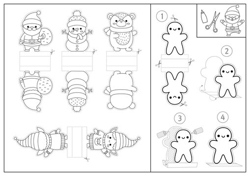 Vector black and white Christmas paper dolls set. Cute line finger puppets or chips with Santa Claus, snowman, elf, bear for kids. Winter holiday cut out craft cards. New Year coloring page.