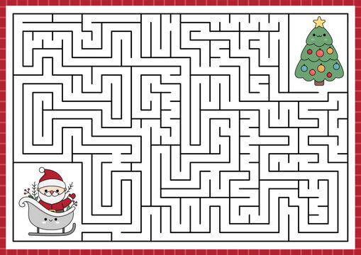 Christmas maze for kids. Winter holiday preschool printable activity with cute kawaii Santa Claus on sleigh going to decorated tree. New Year labyrinth game or puzzle with cute characters.
