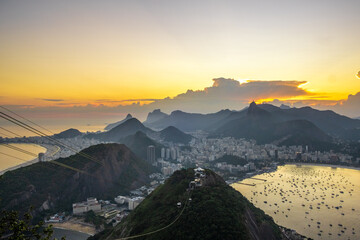 Night view of beautiful Rio de Janeiro from Sugarloaf mountain Corcovado. Sunset in Rio