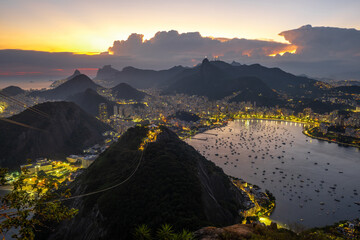 Night view of beautiful Rio de Janeiro from Sugarloaf mountain Corcovado. Sunset in Rio