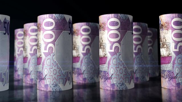 Qatar money Riyal money rolls loop 3d animation. Camera moving in front of the QAR rolling banknotes. Seamless loopable concept of economy, finance, business and debt.