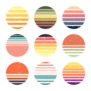 Sunset retro gradient badges, circle sunrise emblems. Grunge abstract round gradient elements, sunset texture stamps flat vector illustration collection. Graphic gradation labels set