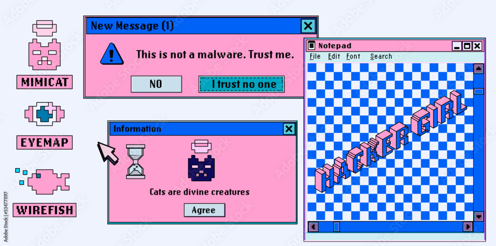 Aufkleber Collage of retro user interface and icons in pastel pink colors. Vaporwave style illustration for the programming and DevOps subjects.