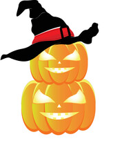 An orange pumpkin with spooky eyes suitable for Halloween and black witch hat