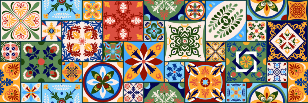 Azulejos Portugal. Turkish ornament. Moroccan tile mosaic. Ceramic tableware, folk print. Spanish pottery. Ethnic background. Mediterranean seamless wallpaper.