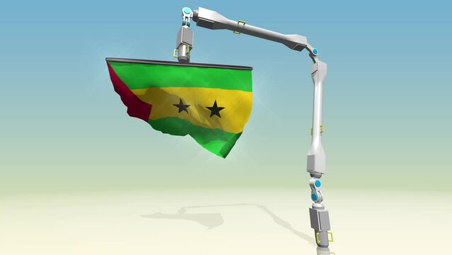 Animated video of a robot arm unfolding a folded sao tome and principe flag