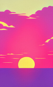 Flat illustration of magic sunset, sea horizont. Bright pink synthwave colors in 80-s style. Retro concept landscape. Design backdrop background for creative creation. Poster, print, canvas. Wall art