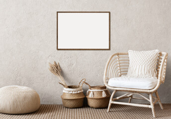 Blank picture frame mockup on a rustic wall. Artwork template mock up in interior design. View of modern boho style interior with chair