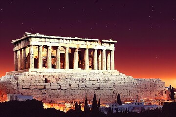 Obraz premium anime style, Night view of Acropolis Athens Greece Europe Old Acropolis is top city landmark World Heritage Nice landscape of Acropolis hill with Parthenon temple scenery of Ancient Greek ruins at nig