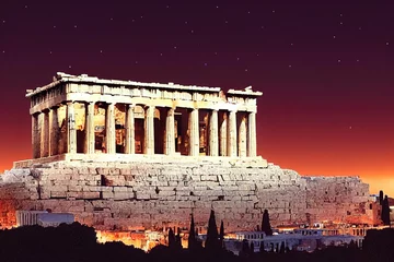 Fotobehang anime style, Night view of Acropolis Athens Greece Europe Old Acropolis is top city landmark World Heritage Nice landscape of Acropolis hill with Parthenon temple scenery of Ancient Greek ruins at nig © 2rogan